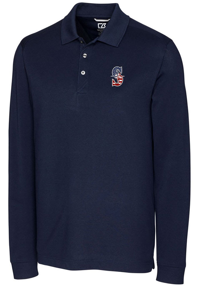 Cutter and Buck Seattle Mariners Navy Blue Advantage Pique Long Sleeve Big and Tall Polos Shirt, Navy Blue, 55% Cotton / 42% Poly / 3% SPANDEX, Size