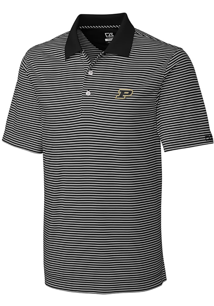 Cutter and Buck Purdue Boilermakers Mens Black Trevor Stripe Short Sleeve Polo
