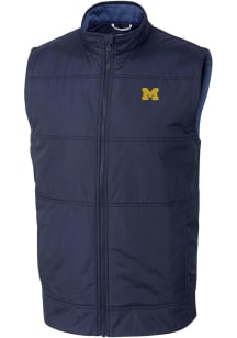 Navy Blue Michigan Wolverines Cutter and Buck Big and Tall Stealth Hybrid Quilted Windbreaker Ve..