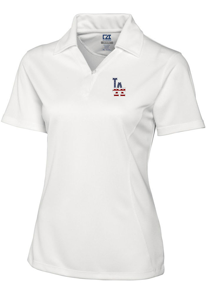 Cutter and Buck Los Angeles Dodgers Womens White Drytec Genre Textured Short Sleeve Polo Shirt