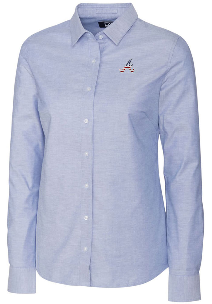 Women's Cutter & Buck Light Blue Atlanta Braves Americana Logo Oxford Stretch Long Sleeve Button-Up Shirt