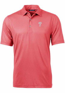Cutter and Buck Philadelphia Phillies Mens Red Pike Banner Print Short Sleeve Polo