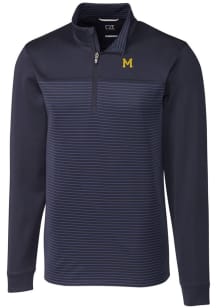 Cutter and Buck Michigan Wolverines Mens Navy Blue Traverse Stripe Stretch Long Sleeve 1/4 Zip Pullo