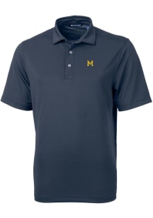 Mens Michigan Wolverines Navy Blue Cutter and Buck Vault Virtue Eco Pique Short Sleeve Polo Shir..