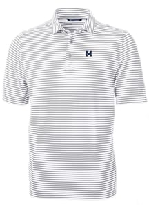 Mens Michigan Wolverines Grey Cutter and Buck Vault Virtue Eco Pique Stripe Short Sleeve Polo Sh..