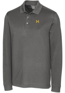 Mens Michigan Wolverines Grey Cutter and Buck Vault Advantage Long Sleeve Polo Shirt