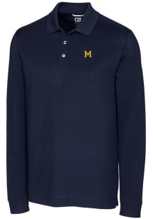 Mens Michigan Wolverines Navy Blue Cutter and Buck Vault Advantage Long Sleeve Polo Shirt