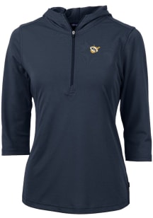 Cutter and Buck West Virginia Mountaineers Womens Navy Blue Virtue Eco Pique Hooded Sweatshirt