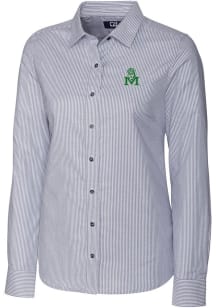 Cutter and Buck Marshall Thundering Herd Womens Stretch Oxford Stripe Long Sleeve Grey Dress Shi..