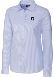 Cutter and Buck Georgetown Hoyas Womens Stretch Oxford Stripe Long Sleeve Light Blue Dress Shirt