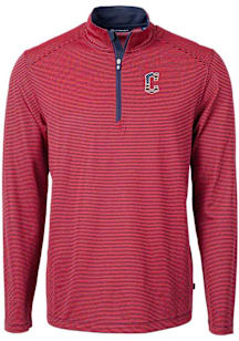 Cutter and Buck Cleveland Guardians Mens Red Virtue Eco Pique Micro Stripe Long Sleeve Qtr Zip Pul..