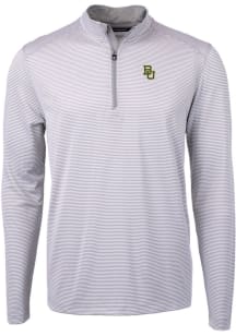 Cutter and Buck Baylor Bears Mens Grey Virtue Eco Pique Micro Stripe Long Sleeve 1/4 Zip Pullove..