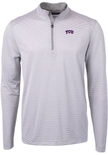 Cutter and Buck TCU Horned Frogs Mens Grey Virtue Eco Pique Micro Stripe Long Sleeve 1/4 Zip Pul..