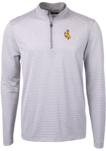 Cutter and Buck Wyoming Cowboys Mens Grey Virtue Eco Pique Micro Stripe Long Sleeve 1/4 Zip Pull..