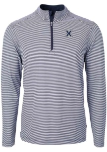 Cutter and Buck Xavier Musketeers Mens Navy Blue Virtue Eco Pique Micro Stripe Long Sleeve 1/4 Z..