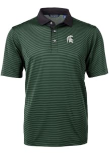 Cutter and Buck Michigan State Spartans Mens Green Virtue Eco Pique Micro Stripe Short Sleeve Po..