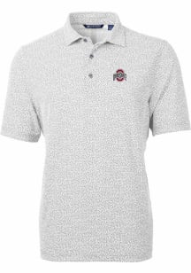 Mens Ohio State Buckeyes Grey Cutter and Buck Solid Virtue Eco Pique Botanical Short Sleeve Polo..
