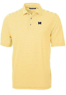 Mens Michigan Wolverines Gold Cutter and Buck Virtue Eco Pique Stripe Short Sleeve Polo Shirt