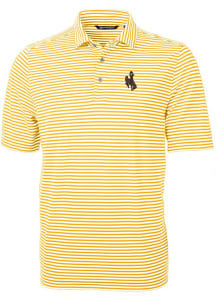 Cutter and Buck Wyoming Cowboys Mens Gold Virtue Eco Pique Stripe Short Sleeve Polo