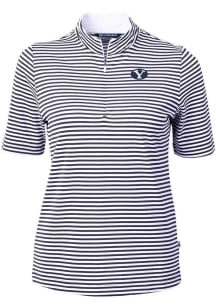 Cutter and Buck BYU Cougars Womens Navy Blue Virtue Eco Pique Stripe Short Sleeve Polo Shirt