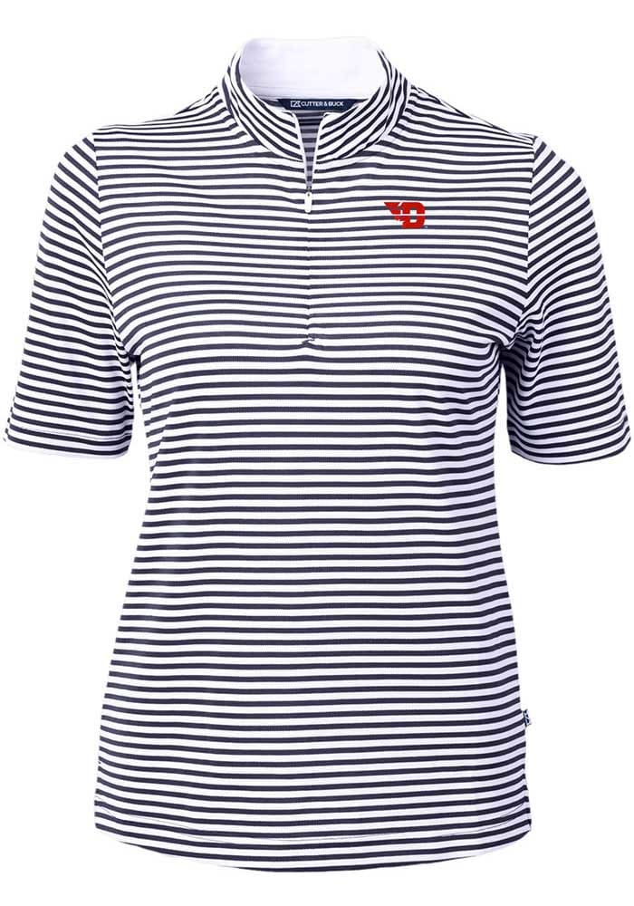 Cutter and Buck Dayton Flyers Womens Navy Blue Virtue Eco Pique Stripe Short Sleeve Polo Shirt