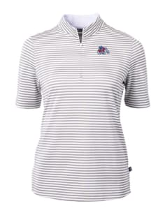 Cutter and Buck Fresno State Bulldogs Womens Grey Virtue Eco Pique Stripe Short Sleeve Polo Shir..