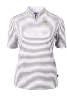 Cutter and Buck GA Tech Yellow Jackets Womens Grey Virtue Eco Pique Stripe Short Sleeve Polo Shi..