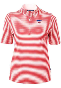 Cutter and Buck SMU Mustangs Womens Red Virtue Eco Pique Stripe Short Sleeve Polo Shirt
