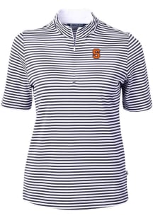 Cutter and Buck Syracuse Orange Womens Navy Blue Virtue Eco Pique Stripe Short Sleeve Polo Shirt