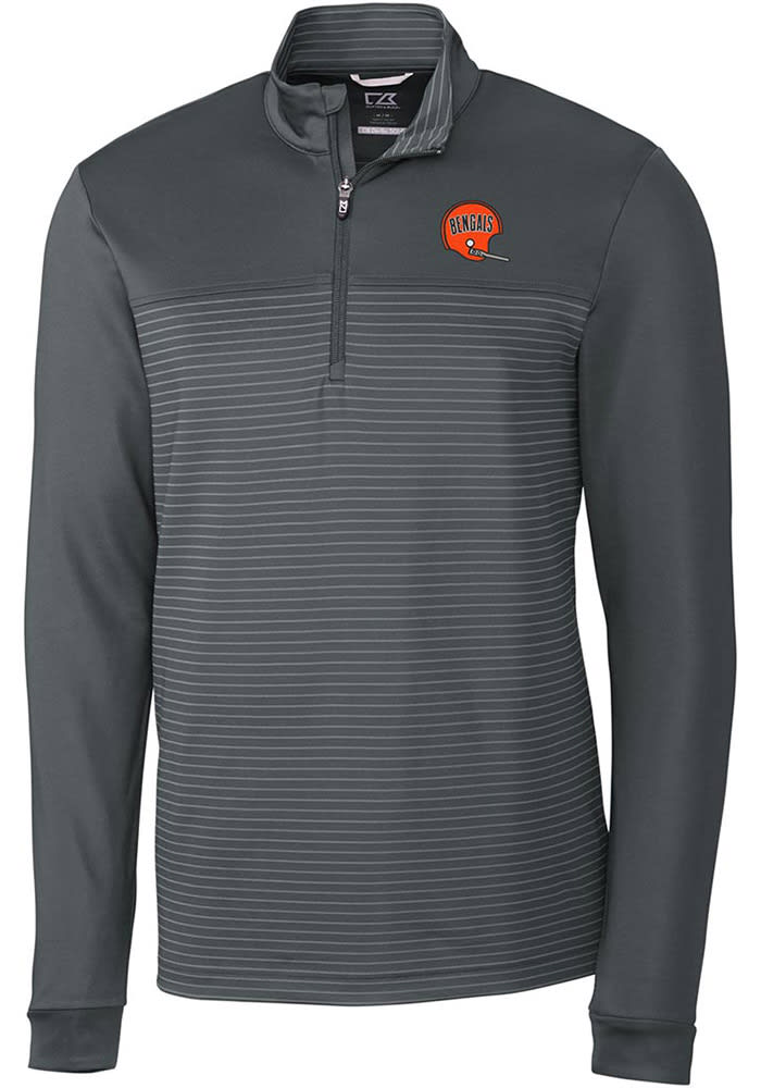 Cutter and Buck Cincinnati Bengals Mens Grey Historic Traverse Stripe Long Sleeve 1/4 Zip Pullov..