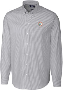 Cutter and Buck Miami Dolphins Mens Charcoal Historic Stretch Oxford Stripe Long Sleeve Dress Sh..