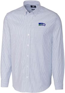 Cutter and Buck Seattle Seahawks Mens Blue Historic Stretch Oxford Stripe Long Sleeve Dress Shir..