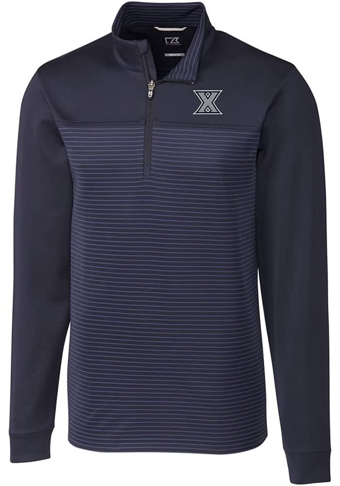 Cutter and Buck Xavier Musketeers Mens Navy Blue Traverse Stripe Stretch Big Tall Qtr Zip