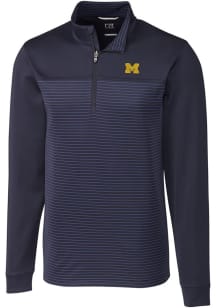 Mens Michigan Wolverines Navy Blue Cutter and Buck Traverse Stripe Stretch Qtr Zip