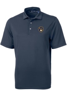 Cutter and Buck Milwaukee Brewers Mens Navy Blue Virtue Eco Pique Short Sleeve Polo