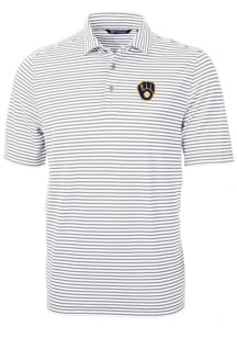 Cutter and Buck Milwaukee Brewers Mens Grey Virtue Eco Pique Stripe Short Sleeve Polo