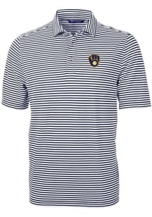 Cutter and Buck Milwaukee Brewers Mens Navy Blue Virtue Eco Pique Stripe Short Sleeve Polo