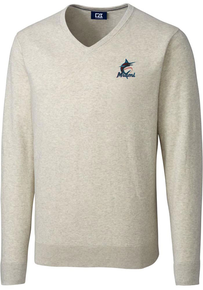 Cutter and Buck Miami Marlins Mens Oatmeal Lakemont Long Sleeve Sweater