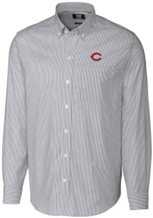 Cutter and Buck Cincinnati Reds Mens Charcoal Stretch Oxford Stripe Long Sleeve Dress Shirt
