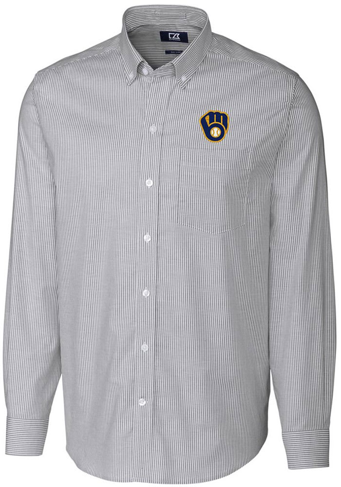 Milwaukee Brewers Cutter & Buck Stretch Oxford Stripe Mens Long Sleeve Dress Shirt