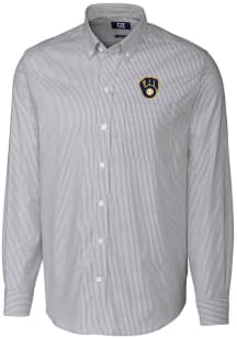 Cutter and Buck Milwaukee Brewers Mens Charcoal Stretch Oxford Stripe Long Sleeve Dress Shirt