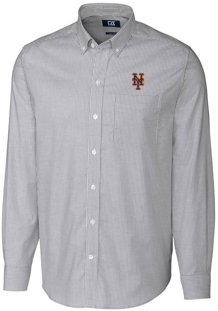Cutter and Buck New York Mets Mens Charcoal Stretch Oxford Stripe Long Sleeve Dress Shirt
