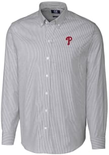 Cutter and Buck Philadelphia Phillies Mens Charcoal Stretch Oxford Stripe Long Sleeve Dress Shir..