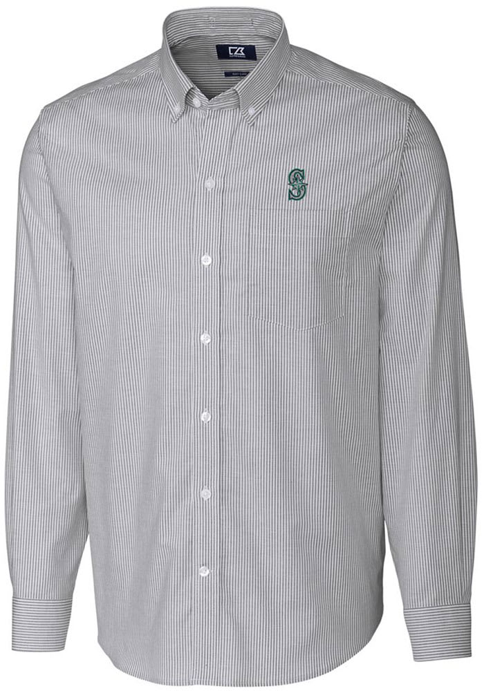 Cutter and Buck Seattle Mariners Mens Charcoal Stretch Oxford Stripe Long Sleeve Dress Shirt