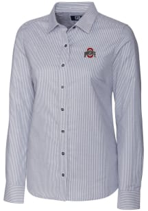 Cutter and Buck Ohio State Buckeyes Womens Stretch Oxford Stripe Long Sleeve Charcoal Dress Shir..