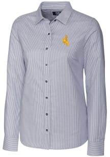 Cutter and Buck Wyoming Cowboys Womens Stretch Oxford Stripe Long Sleeve Charcoal Dress Shirt