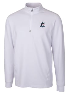 Cutter and Buck Miami Marlins Mens White Traverse Stretch Long Sleeve 1/4 Zip Pullover