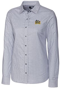 Womens Drexel Dragons Charcoal Cutter and Buck Stretch Oxford Stripe Long Sleeve Dress Shirt