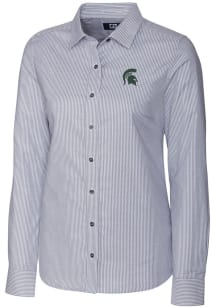 Cutter and Buck Michigan State Spartans Womens Stretch Oxford Stripe Long Sleeve Charcoal Dress Shir