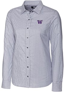 Womens Washington Huskies Charcoal Cutter and Buck Stretch Oxford Stripe Long Sleeve Dress Shirt